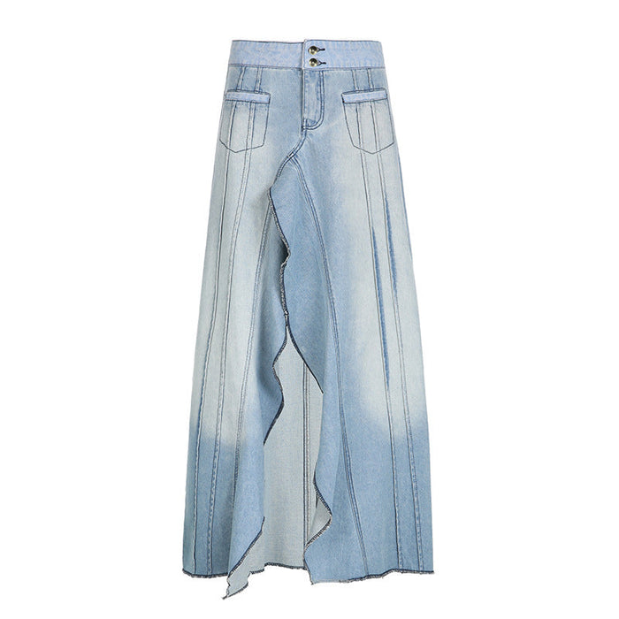 Color-Blue-Elegant Slightly Mature Ruffled Slit Distressed Denim Skirt Special Interest Design Long Casual Skirt-Fancey Boutique
