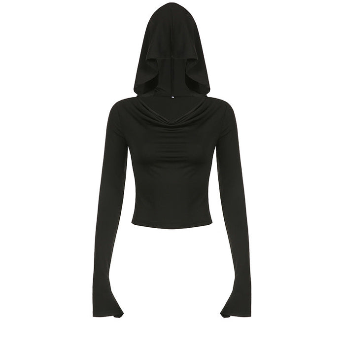 Color-Black-Solid Color Two Way Wear Swing Collar off Shoulder Stretch Top Elegant Agent Hooded Long T shirt-Fancey Boutique