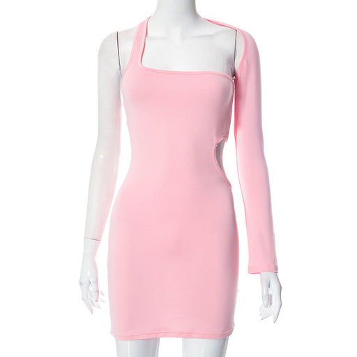 Color-Pink-Women Clothing One Shoulder Long Sleeve Hollow Out Cutout Sheath Sexy Dress-Fancey Boutique