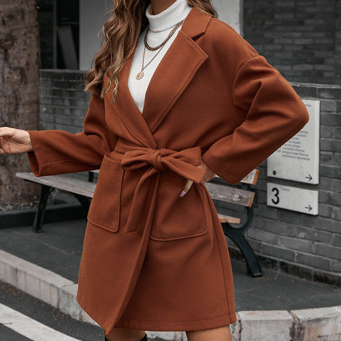 Color-Women Clothing Mid Length Autumn Winter Cardigan Strap Woolen Coat Trench Coat Women-Fancey Boutique
