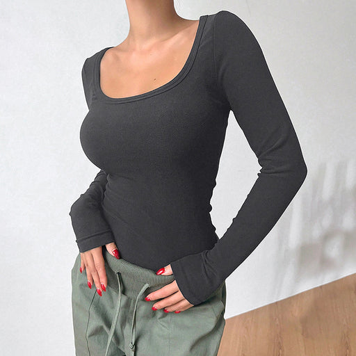 Color-Women Clothing Winter Solid Color round Neck Long Sleeve Basic T shirt Top-Fancey Boutique