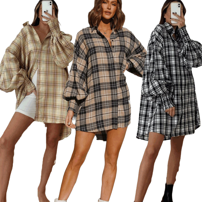 Casual  Years Autumn Winter Plaid Lantern Sleeve Long Sleeve Shirt