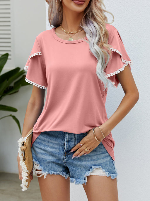 Color-Pink-Women Clothing Summer Round Neck Tassel Tulip Sleeve T Shirt Casual Top Women-Fancey Boutique