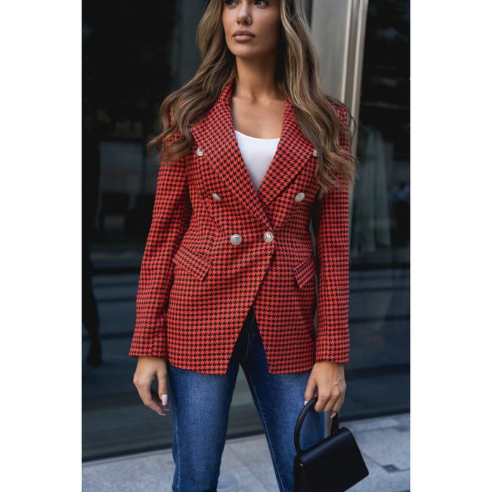 Color-Double Breasted Houndstooth Office Blazer Women-Fancey Boutique
