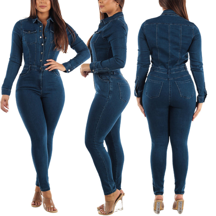 Color-Women Slim Elastic Feet Wash Denim Jumpsuit Jumpsuit-Fancey Boutique