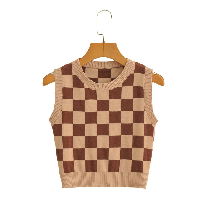 Color-Multi-Spring Urban Casual Women Chessboard Plaid Knitted Vest-Fancey Boutique