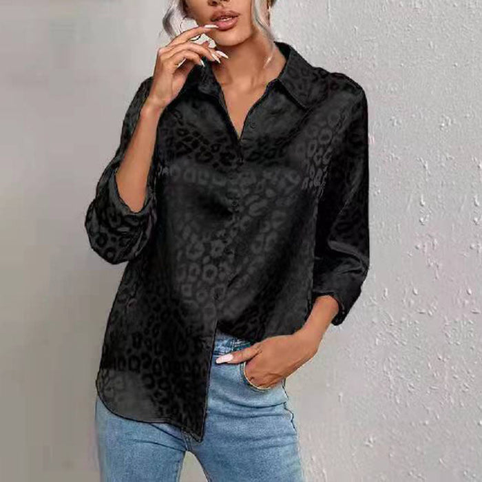 Color-Women Clothing Spring Autumn Long Sleeve Collared Elegant Satin Jacquard Leopard Print Shirt-Fancey Boutique