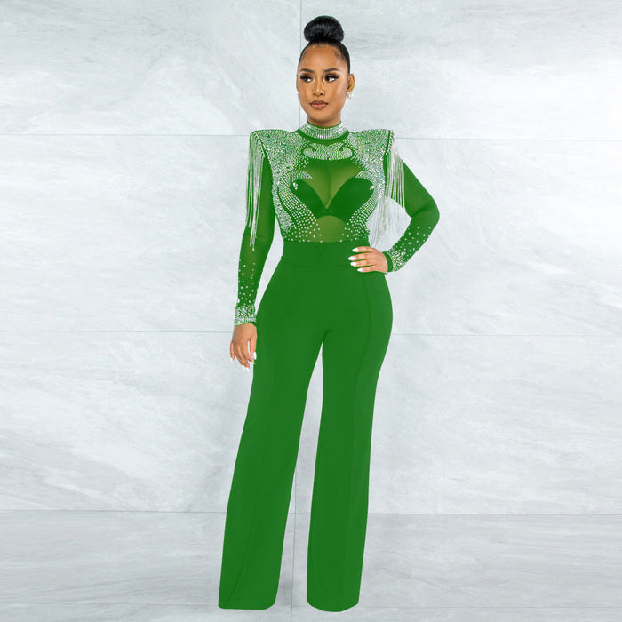 Color-Green-Sexy Casual Slim Fit Turtleneck See Through Rhinestone Tassel Jumpsuit Women-Fancey Boutique