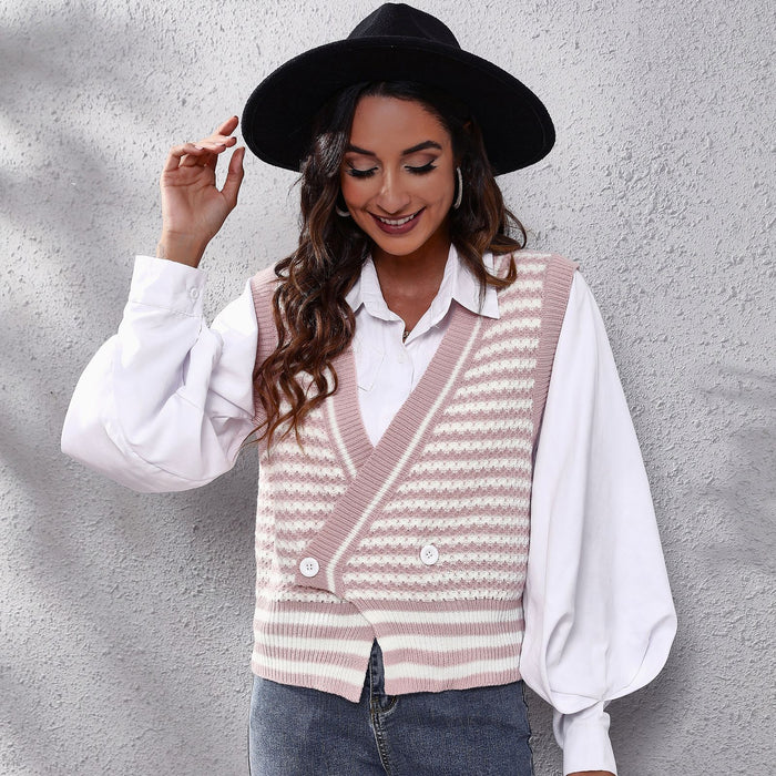 Color-Popular Striped Knitted Cardigan Sweater Waistcoat Women Vest Autumn Winter Women Clothing-Fancey Boutique