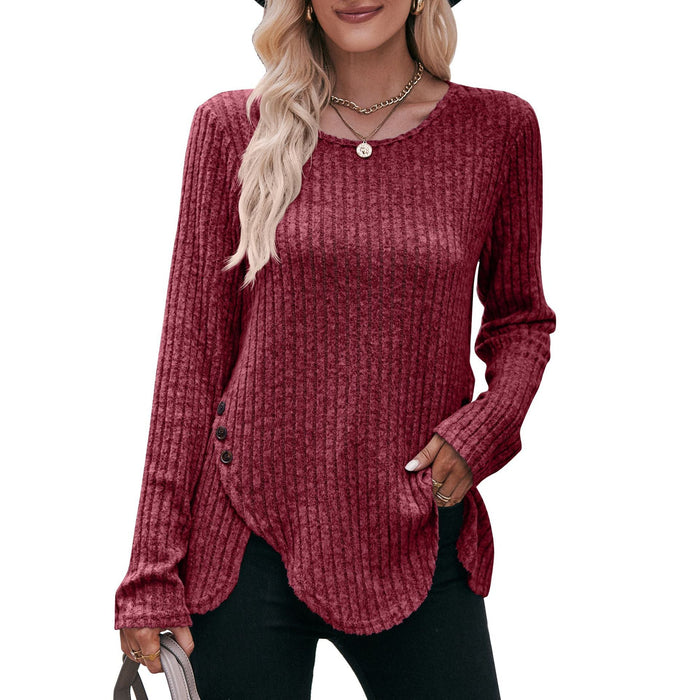 Color-Burgundy-Women round-Neck Sunken Stripe Brushed Solid Color Top Long Sleeve Button T-shirt-Fancey Boutique
