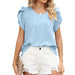 Color-skyblue-Solid Color Pleated round Neck Petal Short Sleeve Loose Chiffon Blouses Women-Fancey Boutique