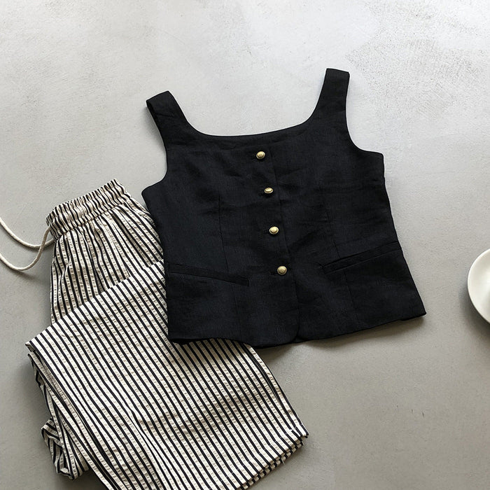 Color-Black-Retro Linen Vest for Women Autumn Special-Interest Square Collar Sleeveless Short Top-Fancey Boutique