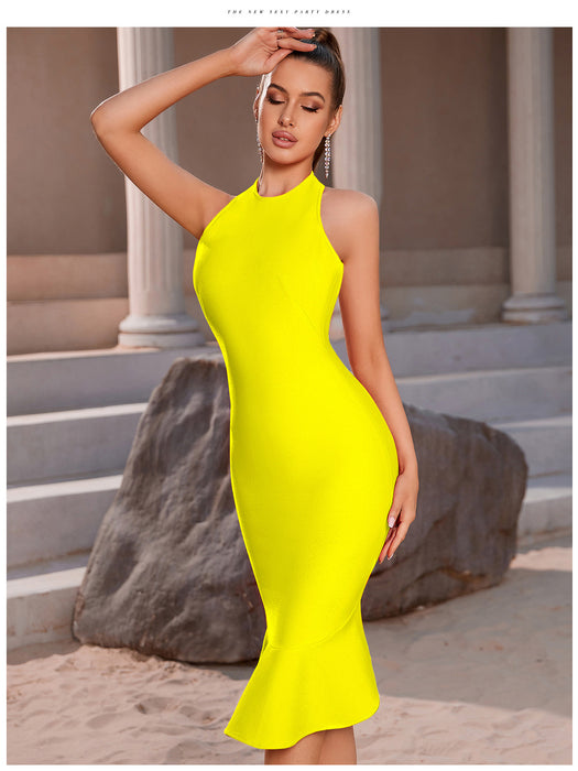 Color-Summer Sexy Backless Sleeveless Ruffled Flared Bandage One Piece Dress Socialite Birthday Party Yellow Dress-Fancey Boutique