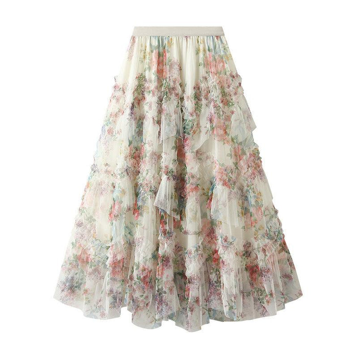 Color-Irregular Asymmetric Stitching Color Floral Mesh Skirt Women Spring French Royal Elegant A line Skirt-Fancey Boutique