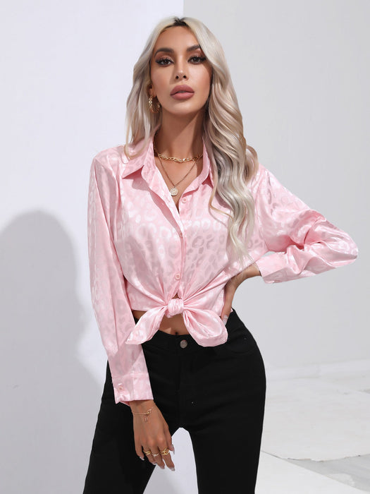 Color-Pink-Leopard Print Satin Satin Silk Long Sleeve Shirt Women Clothing-Fancey Boutique