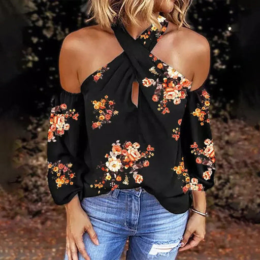 Color-Summer Printed Long Sleeve Halter Sexy Backless Loose Top Women-Fancey Boutique