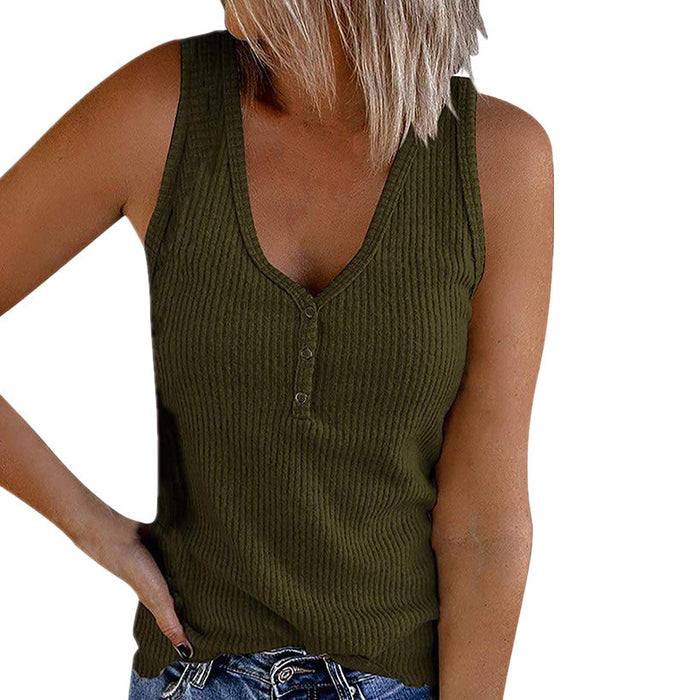 Color-Army Green-Summer Women Button Vest Solid Color V-neck Sleeveless T-shirt Top-Fancey Boutique