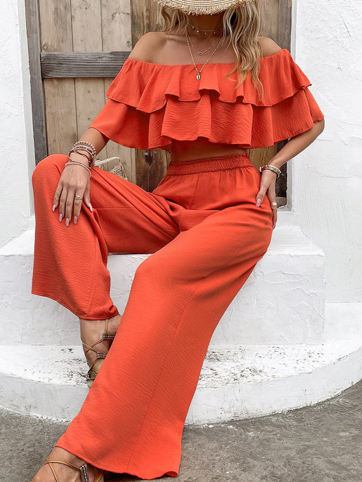 Color-Orange-Summer Sexy Ruffles off Shoulder Top High Waist Casual Straight Leg Long-Fancey Boutique