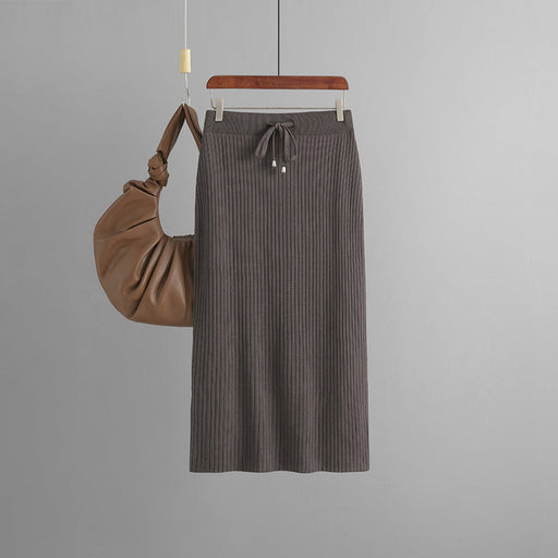 Color-Coffee-Women Knitted Skirt Type Hip Skirt Solid Color Ice Silk Mid Length Wool Skirt-Fancey Boutique