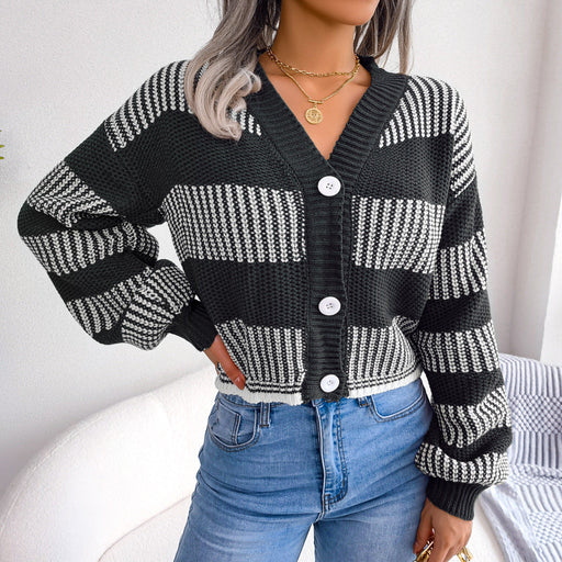 Color-Winter Striped Lantern Sleeve Cardigan Sweater Coat Women Clothing-Fancey Boutique