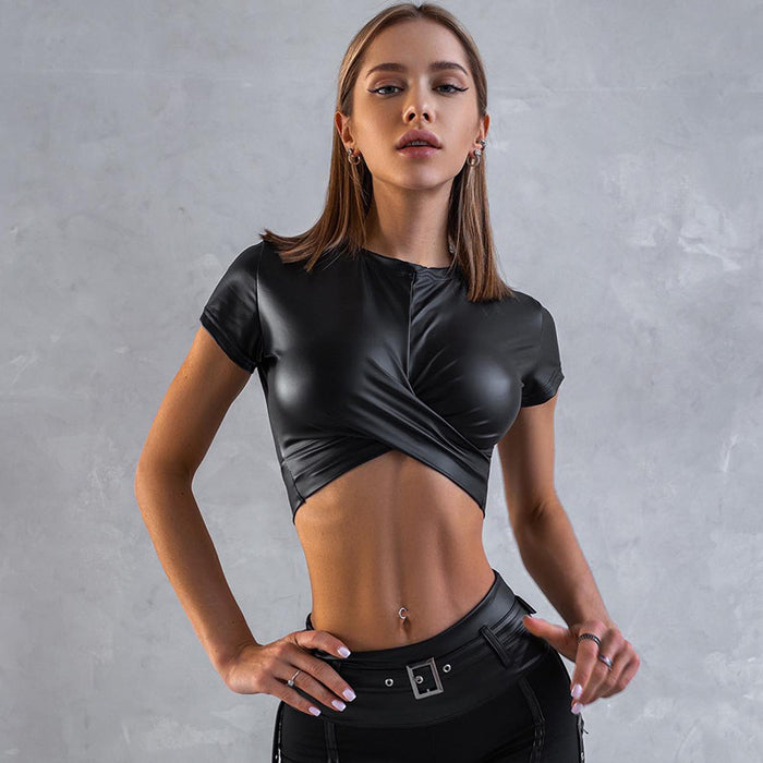 Color-Summer round Neck Short Sleeve Wrapped Chest Exposed cropped Short All-Match Street Faux Leather Top for Women Women Clothing-Fancey Boutique