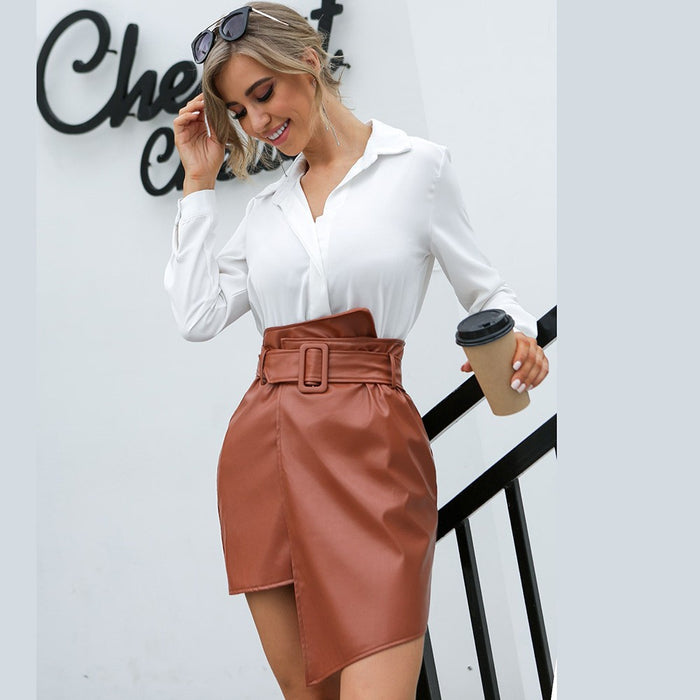 Color-Autumn Winter Irregular Asymmetric All-Matching Sexy Hip Skirt Belt Solid Color Faux Leather Skirt Women-Fancey Boutique