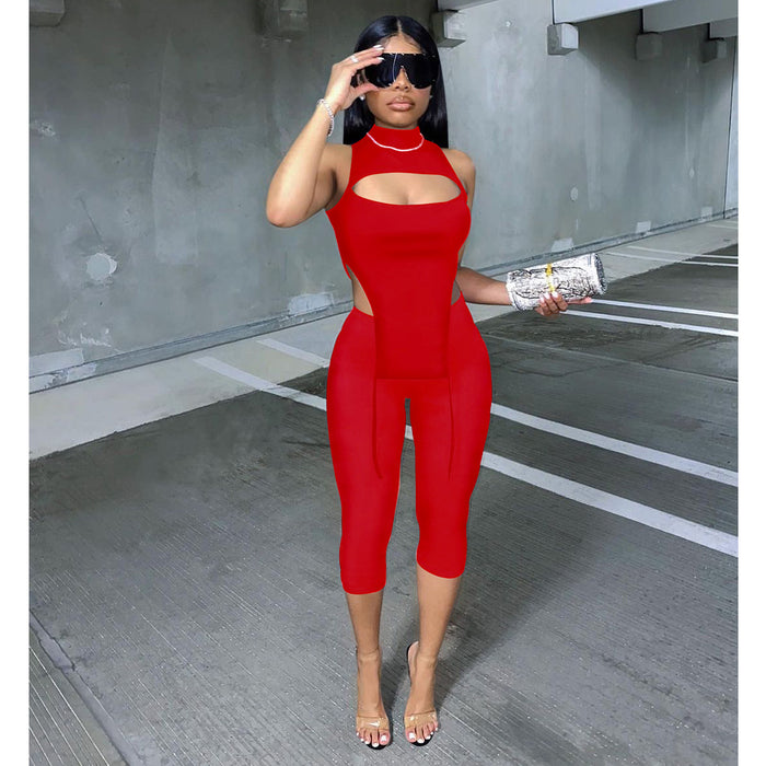 Color-Women Clothing Sexy Sleeveless Half Turtleneck Cropped Pants Two-Piece Solid Color Elastic Suit for Women-Fancey Boutique