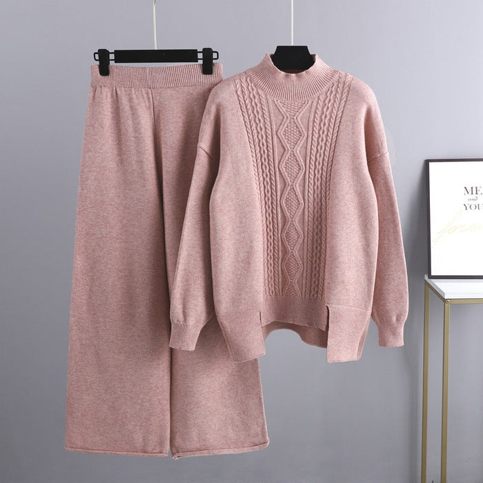 Color-Pink-Autumn Winter Slimming Knitted Suit Women Thickened Loose Turtleneck Sweater Wide Leg Pants Two Piece Suit-Fancey Boutique