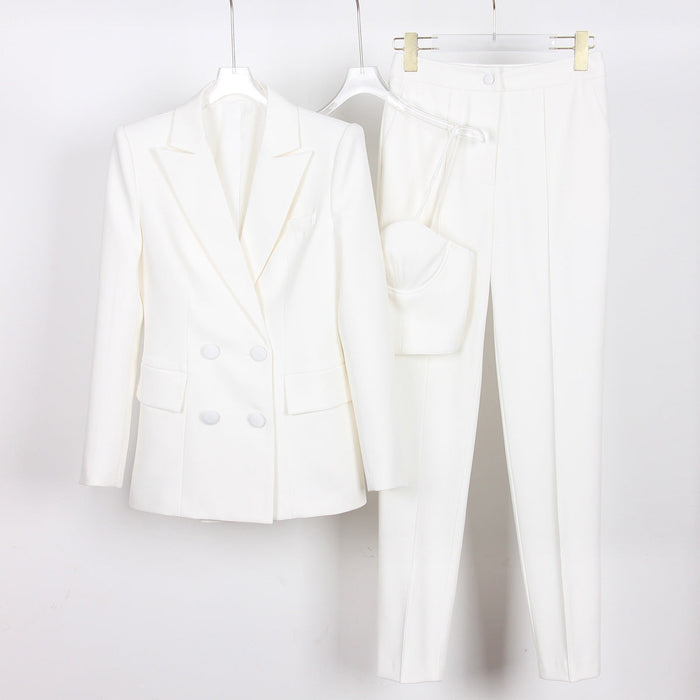 Color-White-Casual Solid Color Office Business Casual Women Work Pant Three Piece Set-Fancey Boutique
