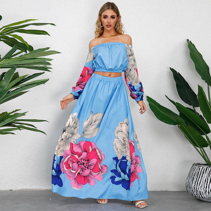 Color-Women Clothes Retro Long Sleeved Backless Top A Line Large Hem Printed Long Skirt Two Piece sets-Fancey Boutique