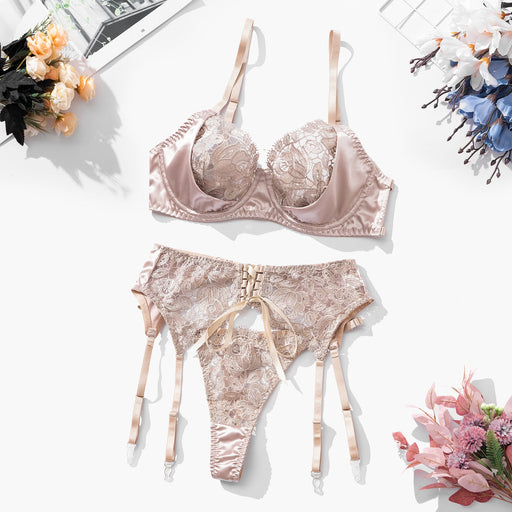 Color-Apricot-Ribbon Stitching Floral Embroidery Sexy Underwear Garter Bra Set-Fancey Boutique