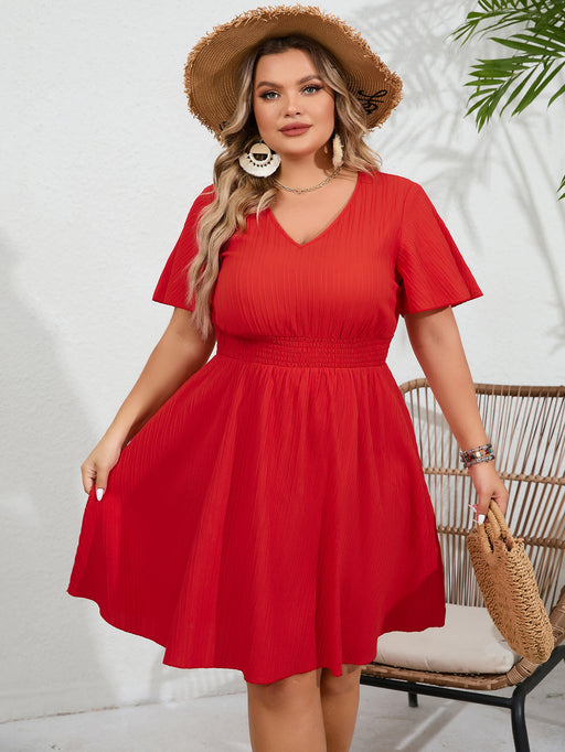 Color-Summer Women Clothing Solid Color plus Size Smocking V neck Waist Tight Women Short Sleeved Dress-Fancey Boutique