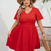 Color-Summer Women Clothing Solid Color plus Size Smocking V neck Waist Tight Women Short Sleeved Dress-Fancey Boutique