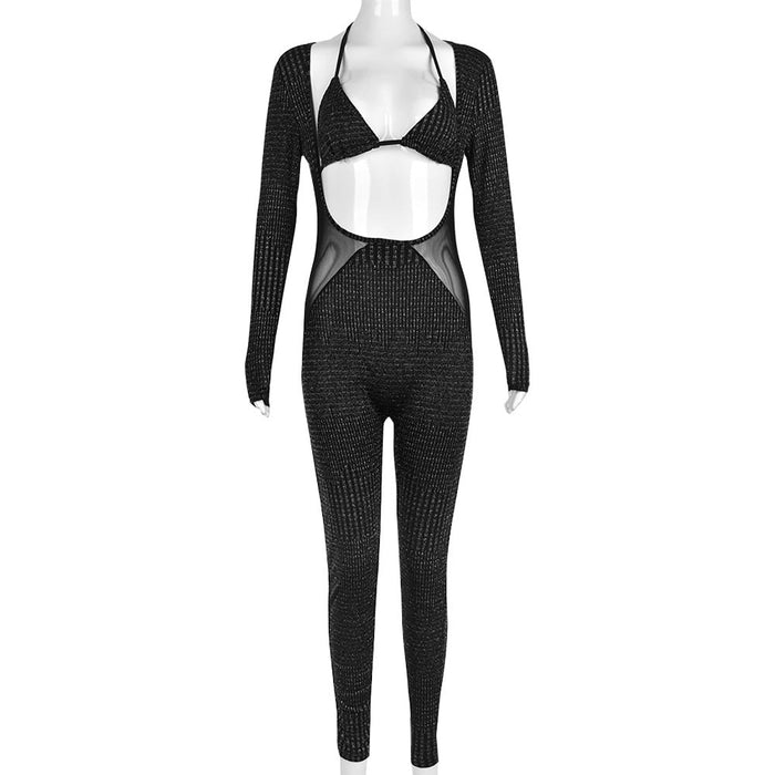 Color-Black-1-Autumn Winter Chest Wrapped Two Piece Set Lace up Cutout Nylon Long Sleeve Jumpsuit High Elastic Women Clothing-Fancey Boutique