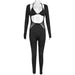 Color-Black-1-Autumn Winter Chest Wrapped Two Piece Set Lace up Cutout Nylon Long Sleeve Jumpsuit High Elastic Women Clothing-Fancey Boutique