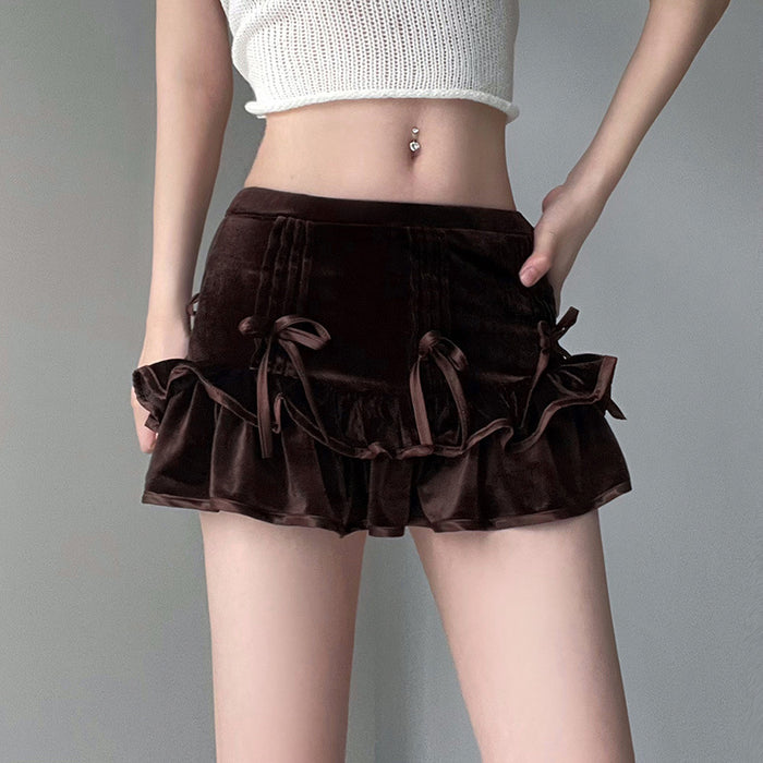 Color-Retro Brown Bow Bandage High Waist Velvet Skirt Cute Cute Curling Cake Miniskirt-Fancey Boutique