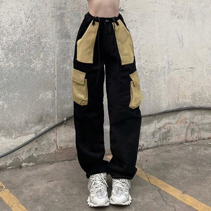 Color-Contrast Color Pocket Stitching High Waist Drawstring Laced Pants Trend All Match Workwear Casual Pants-Fancey Boutique