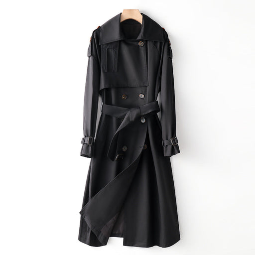 Color-Black-Element Overknee Long Trench Coat Women Popular Korean Autumn Winter Waist Controlled Slimming Coat-Fancey Boutique