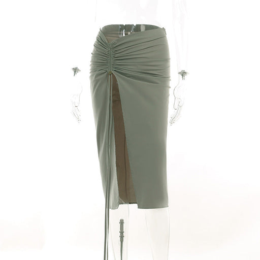 Color-Army Green-Summer Hipster Solid Color All-Matching Slim Fit Drawstring Pleated Split Skirt-Fancey Boutique