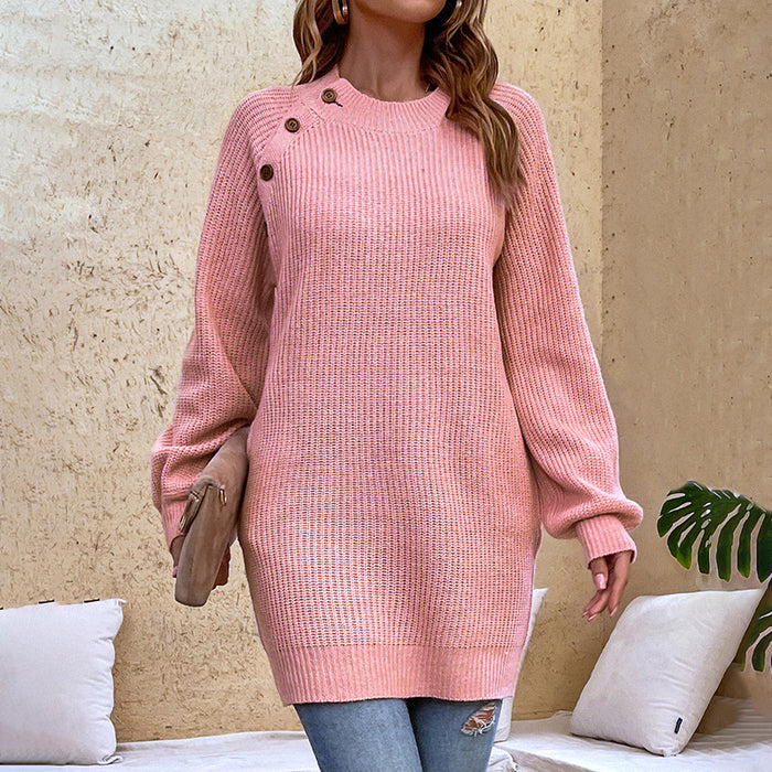 Color-Solid Color Buttons Knitted Dress Women Autumn Winter Lantern Sleeve Sweater Women-Fancey Boutique