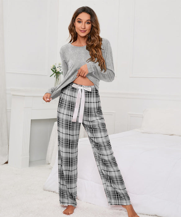 Color-Gray-Solid Color round Neck T Printed Checks Women Casual Suit Homewear Pajamas Women-Fancey Boutique