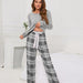 Color-Gray-Solid Color round Neck T Printed Checks Women Casual Suit Homewear Pajamas Women-Fancey Boutique