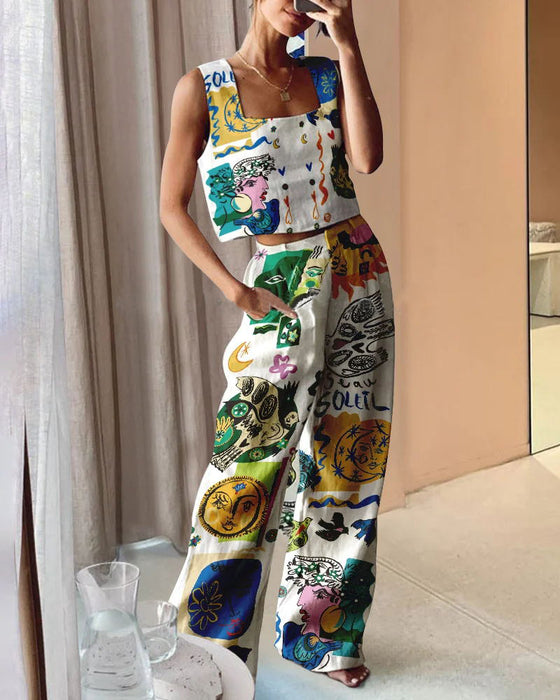 Color-Printed Wide Leg Pants Vest Casual Two Piece Set Women-Fancey Boutique