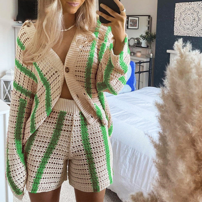 Color-Green Set-Autumn Sweet Casual Striped Hollow Out Cutout Two Piece Knitted Cardigan Women Coat-Fancey Boutique