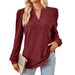 Color-Burgundy-Autumn Winter Solid Color V neck Jacquard Long Sleeve Loose-Fitting T-shirt Top Ladies-Fancey Boutique