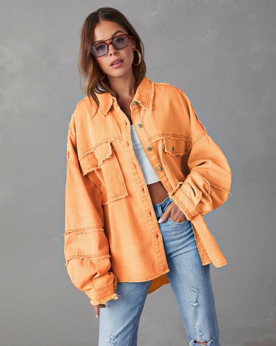 Color-Orange-Casual Denim Jacket Autumn Washed Solid Color Mid Length Jacket-Fancey Boutique