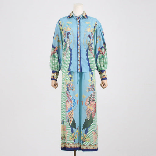 Color-Spring Printing Collared Puff Sleeve Long Sleeve Shirt High Waist Wide Leg Mopping Blouse Pants-Fancey Boutique