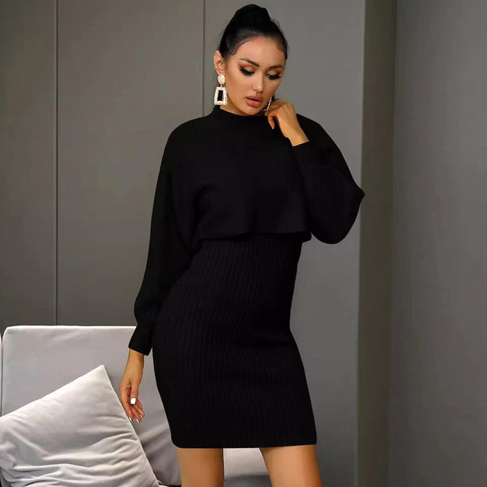Color-Sexy Knitted Dress Two Piece Set Autumn Winter Solid Color Long Sleeve Sweater Women-Fancey Boutique