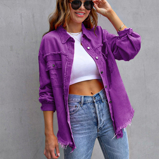 Color-Purple-Arrival Multicolor MidLength Ripped Loose Denim Jacket Women Jacket Women-Fancey Boutique