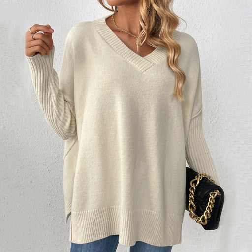 Color-Autumn Winter Pullover Sweater Idle V neck Casual Stitching Long Sleeved Sweater for Women-Fancey Boutique